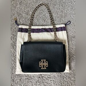 Tory Burch Black Leather Shoulder Bag with Gold Chain
